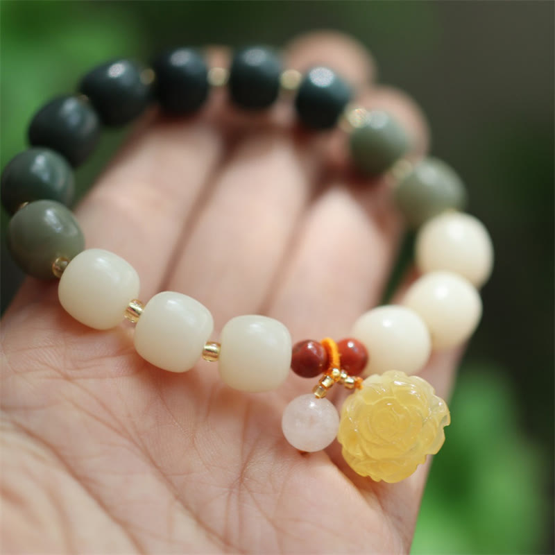 Bracelet Lotus unisexe avec perles de Bodhi, d'ambre et d'agate rouge