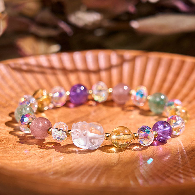 Bracelet porte-bonheur unisexe PiXiu avec cristal blanc, citrine et améthyste