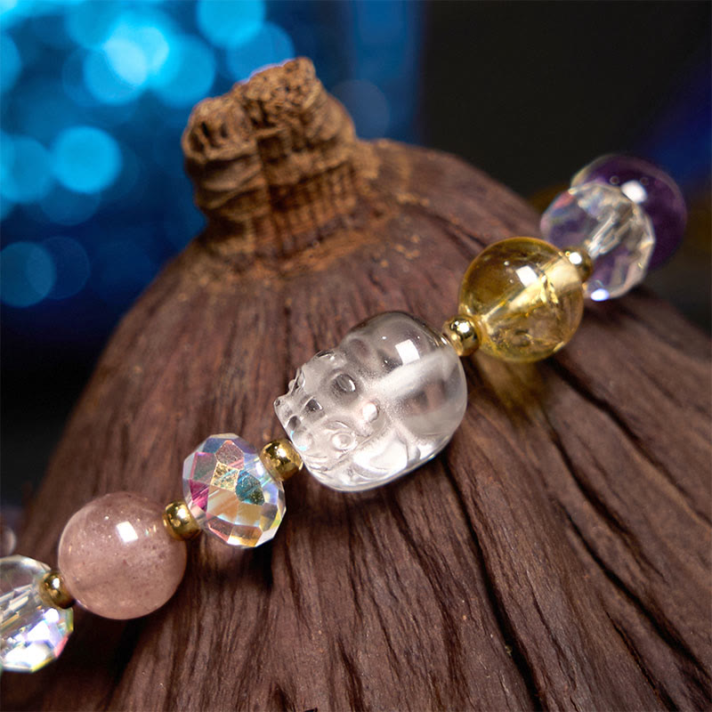 Bracelet porte-bonheur unisexe Pixiu avec citrine et améthyste en cristal blanc