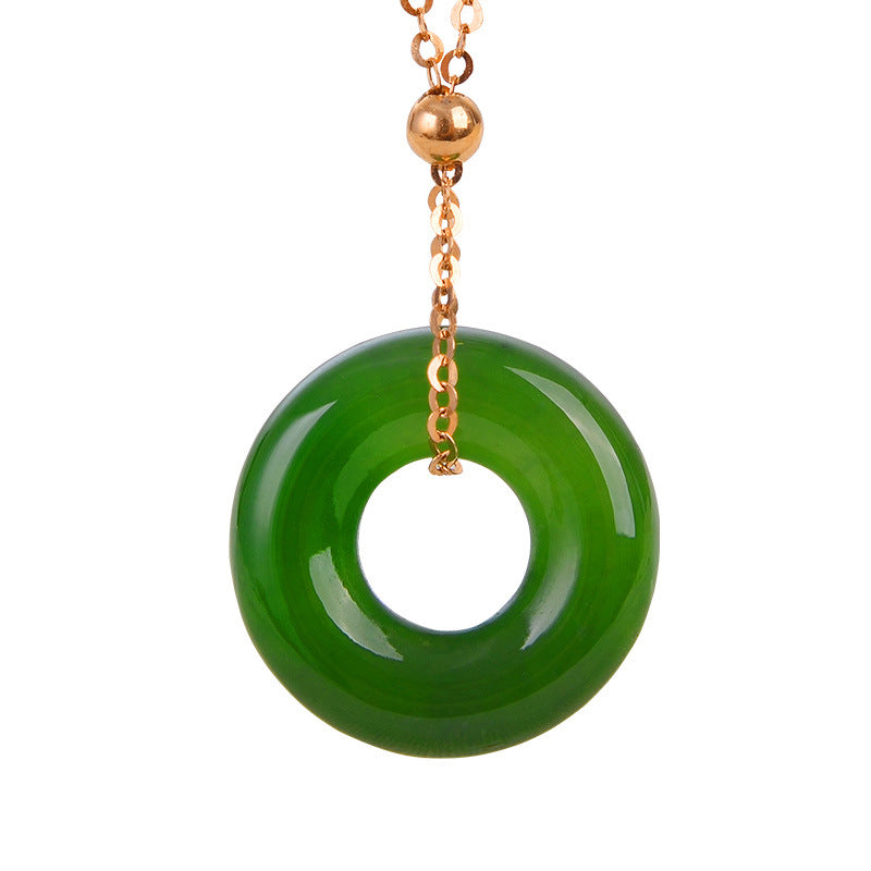 Collier de guérison unisexe rond en jade cyan avec pendentif en or 14 carats