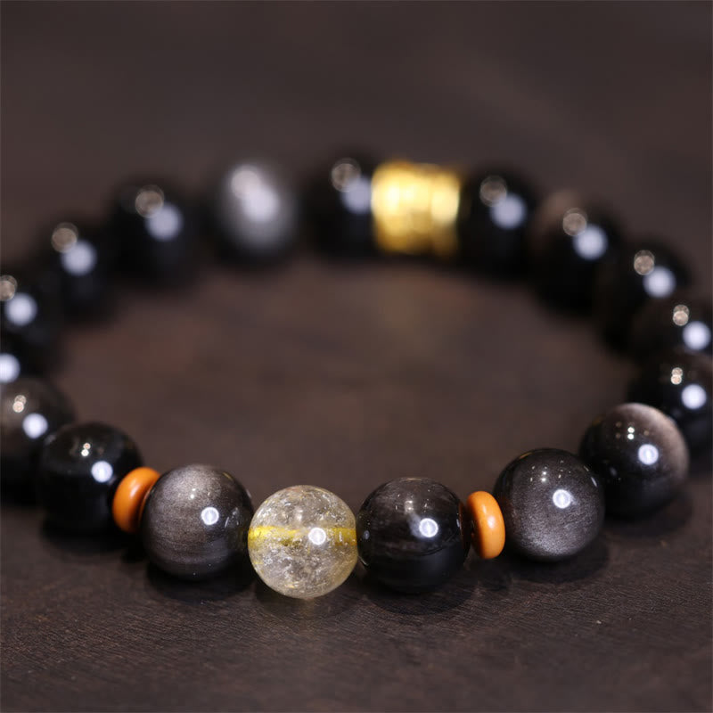 Bracelet unisexe de protection Om Mani Padme en obsidienne argentée brillante
