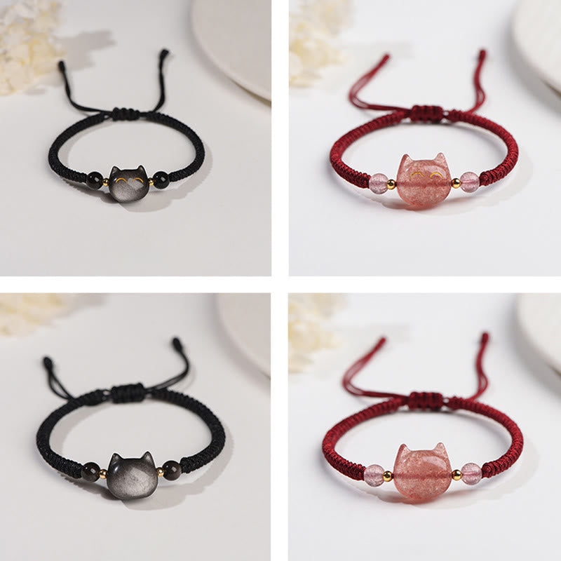 Bracelet de protection unisexe en obsidienne argentée et quartz fraise