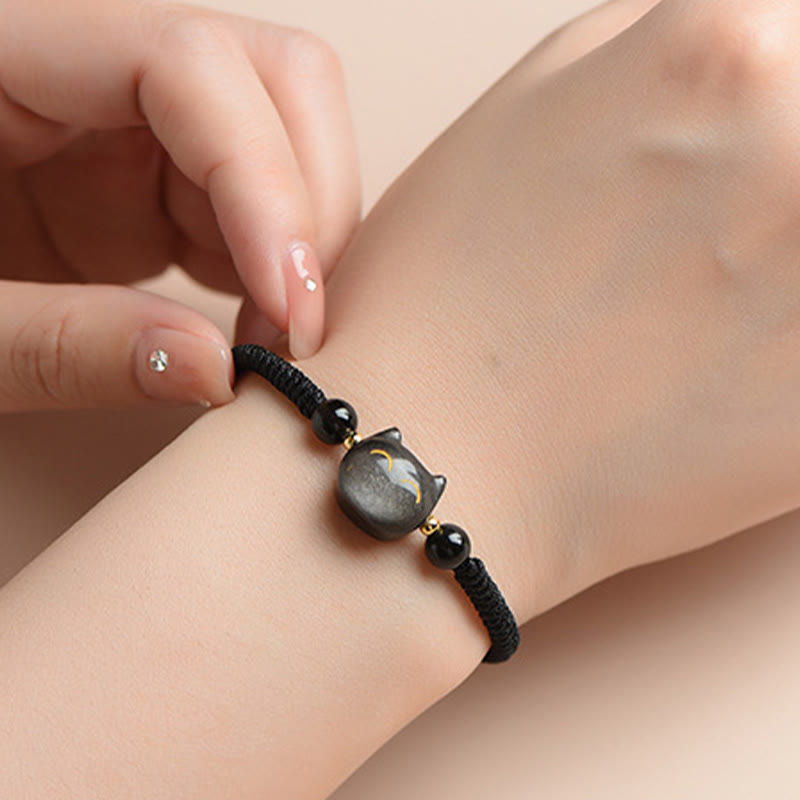 Bracelet de protection unisexe en obsidienne argentée et quartz fraise