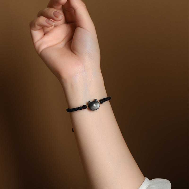 Bracelet de protection unisexe en obsidienne argentée et quartz fraise