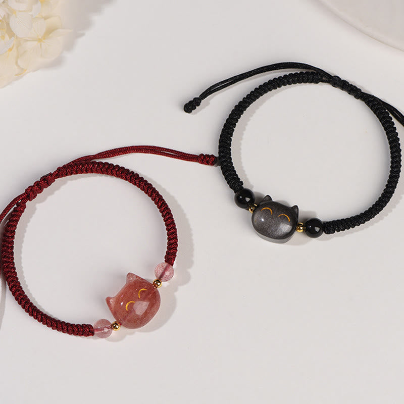 Bracelet de protection unisexe en obsidienne argentée et quartz fraise