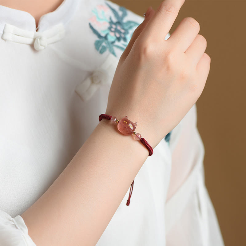 Bracelet de protection unisexe en obsidienne argentée et quartz fraise