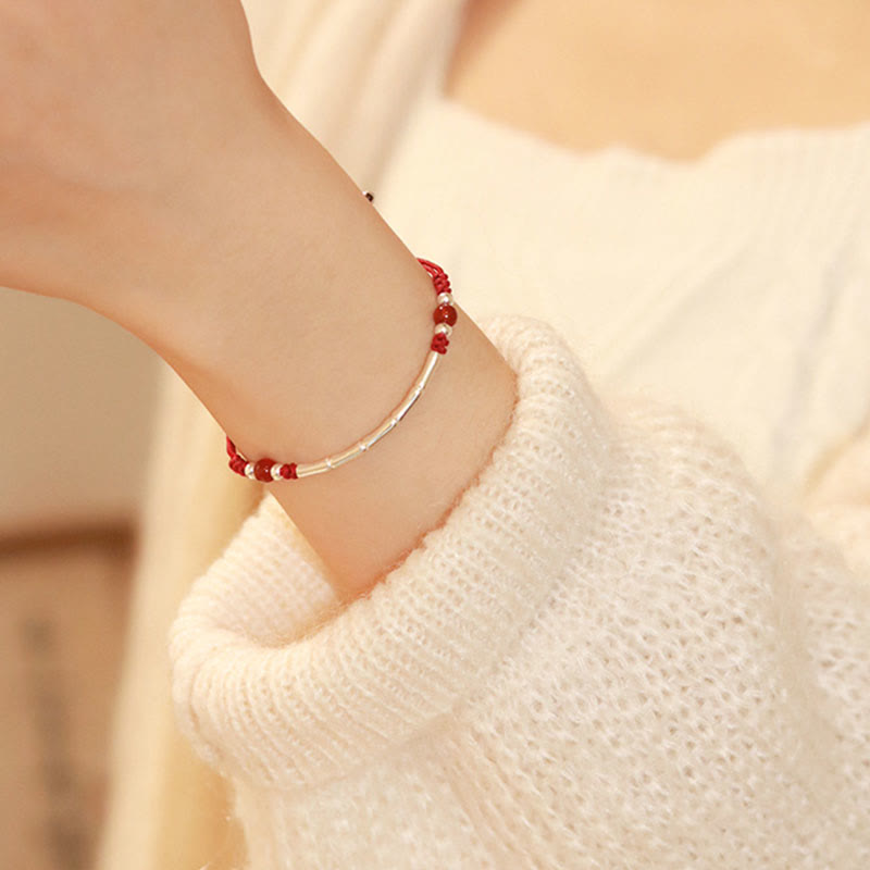 Bracelet de protection unisexe en argent sterling et bambou avec fil rouge et agate