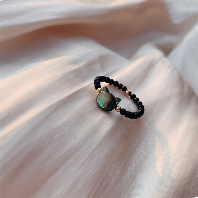 Bague spirituelle unisexe en or 14 carats avec pierre Tridacna et chat