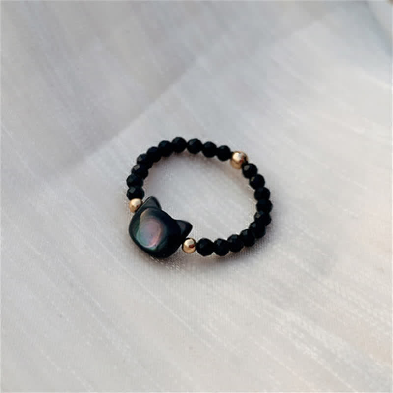 Bague spirituelle unisexe en or 14 carats avec pierre Tridacna et chat
