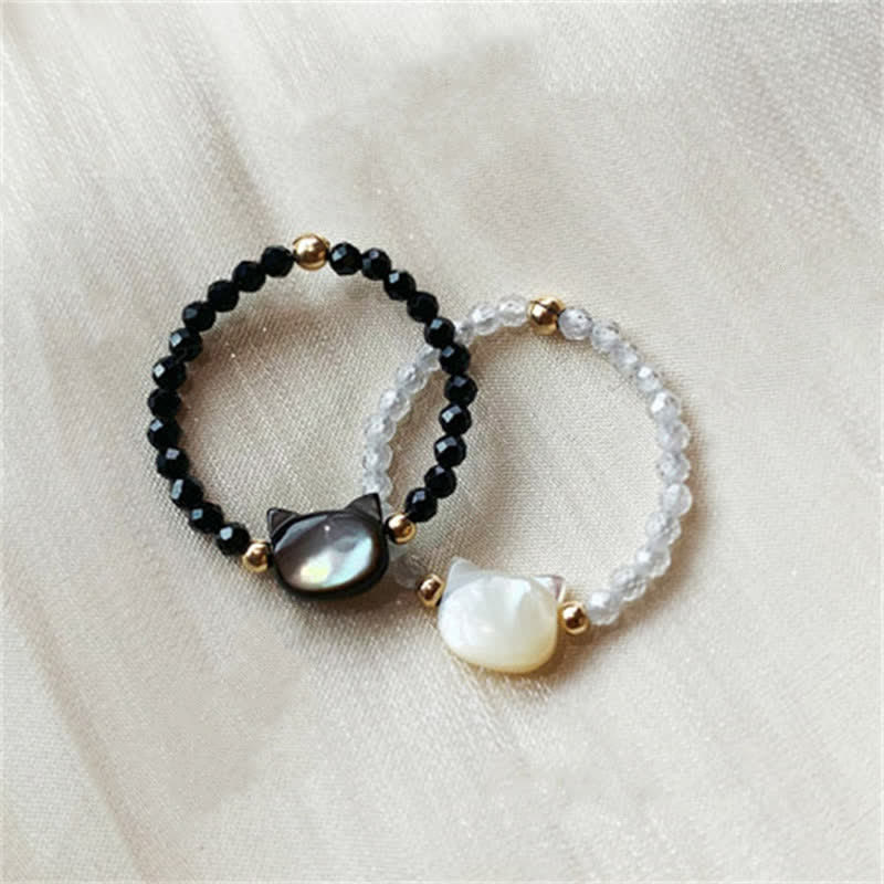 Bague spirituelle unisexe en or 14 carats avec pierre Tridacna et chat