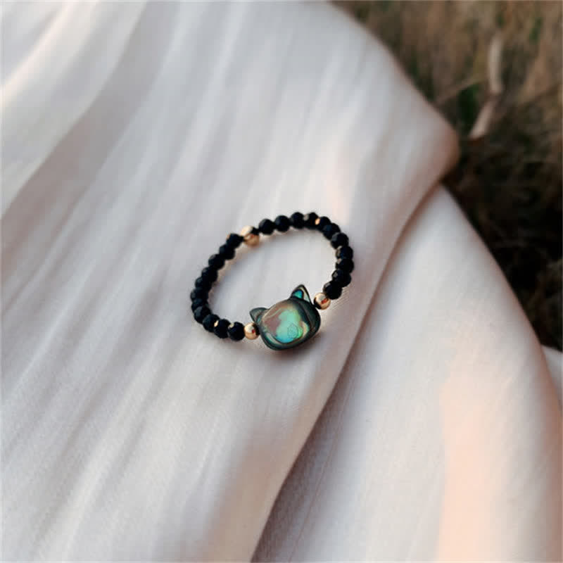 Bague spirituelle unisexe en or 14 carats avec pierre Tridacna et chat