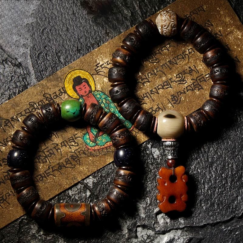 Bracelet de protection unisexe en perles turquoises et os de yak