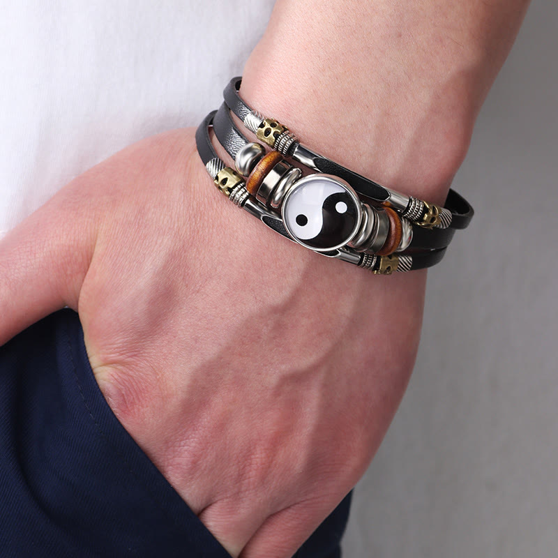 Bracelet d'équilibre unisexe en cuir Yin Yang 21,5 cm
