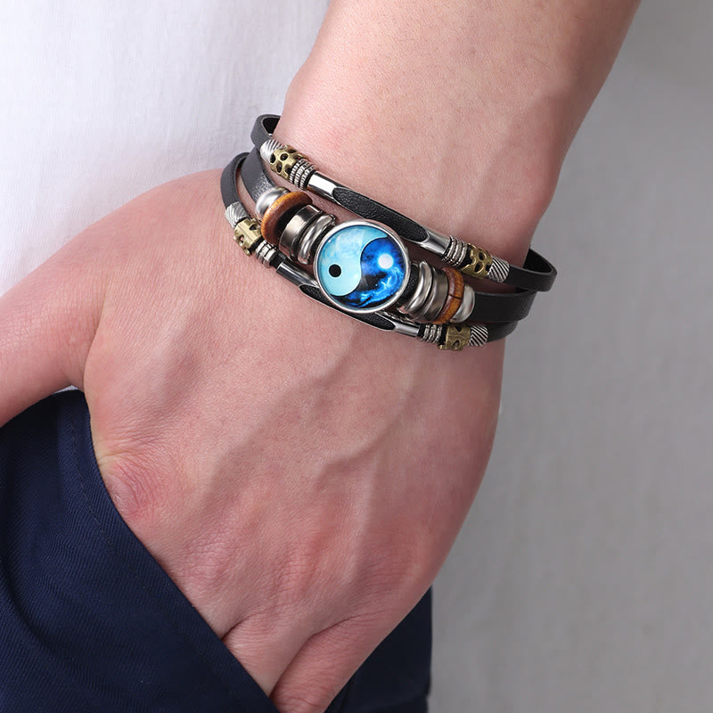 Bracelet d'équilibre unisexe en cuir Yin Yang 21,5 cm