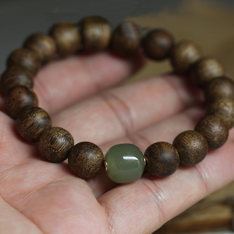 Bracelet de paix en bois d'agar Huang Qinan et jade Hetian du Vietnam