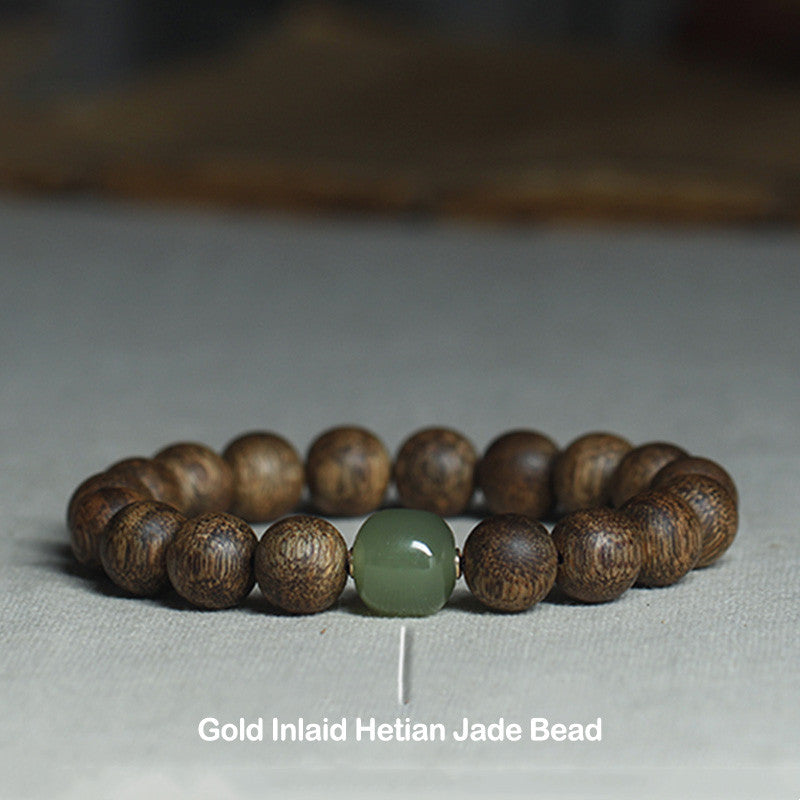 Bracelet de paix en bois d'agar Huang Qinan et jade Hetian du Vietnam