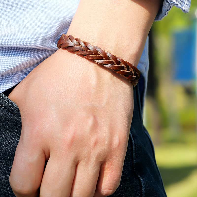 Bracelet vintage en cuir tressé de 18 à 20 cm
