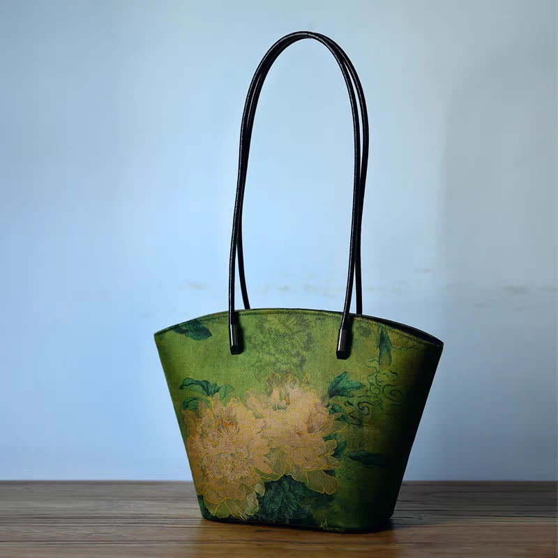 Sac à bandoulière vintage en bambou de grande capacité avec motif pivoine et papillon