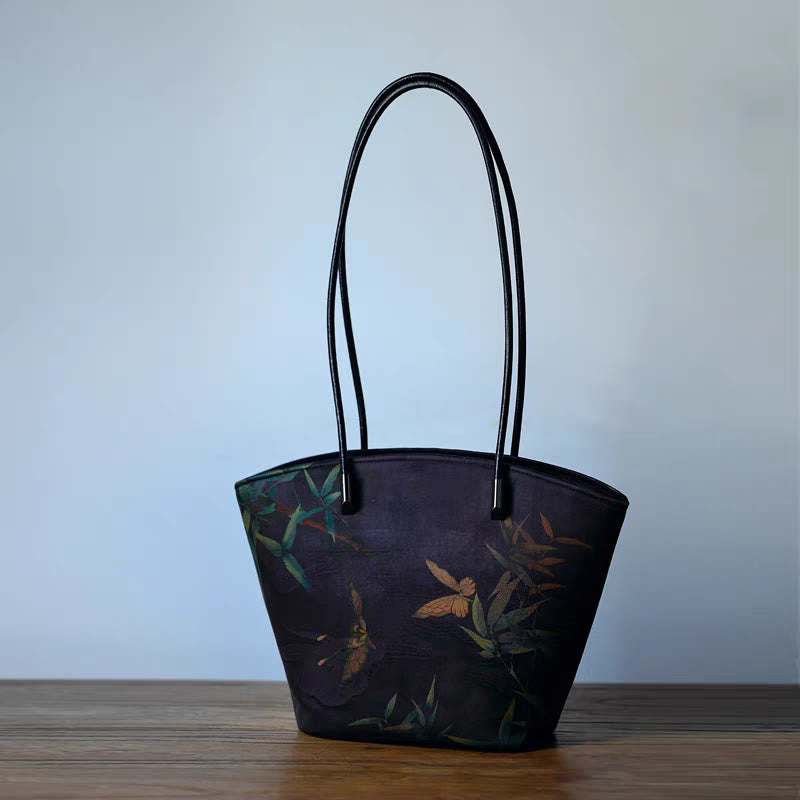 Sac à bandoulière vintage en bambou de grande capacité avec motif pivoine et papillon