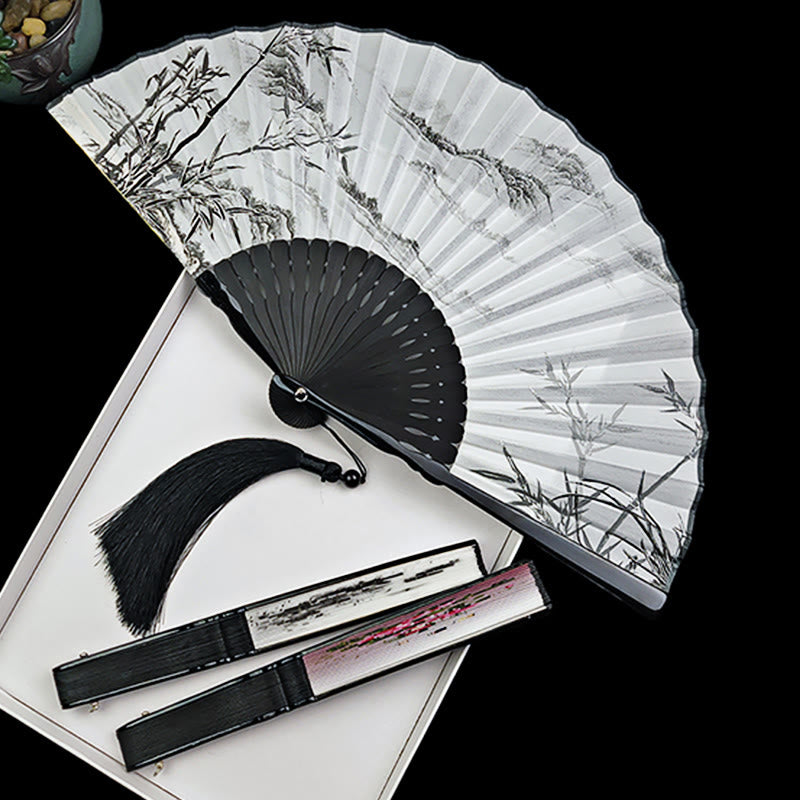 Éventail chinois pliant en soie, motif pivoine, papillon et lotus, en bambou et en soie