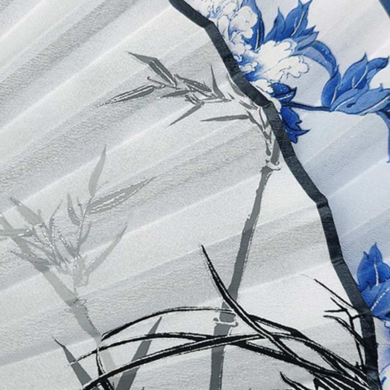 Éventail chinois pliant en soie, motif pivoine, papillon et lotus, en bambou et en soie