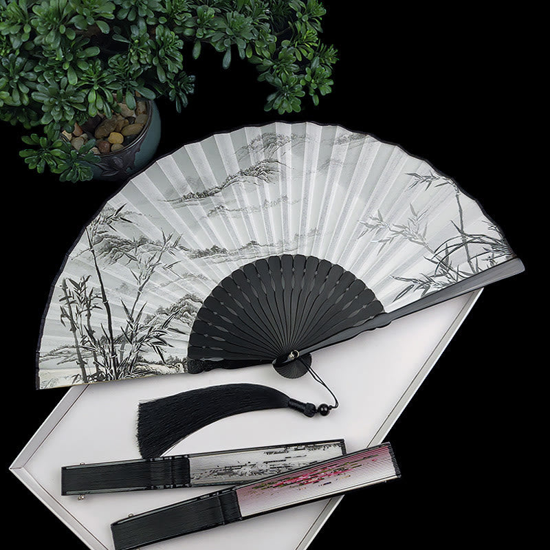 Éventail chinois pliant en soie, motif pivoine, papillon et lotus, en bambou et en soie
