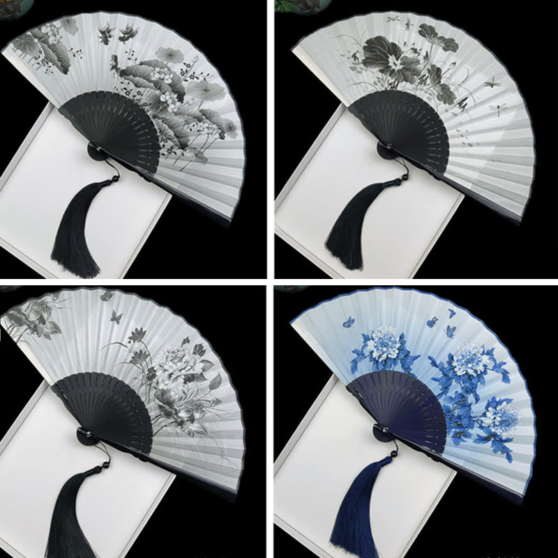 Éventail chinois pliant en soie, motif pivoine, papillon et lotus, en bambou et en soie