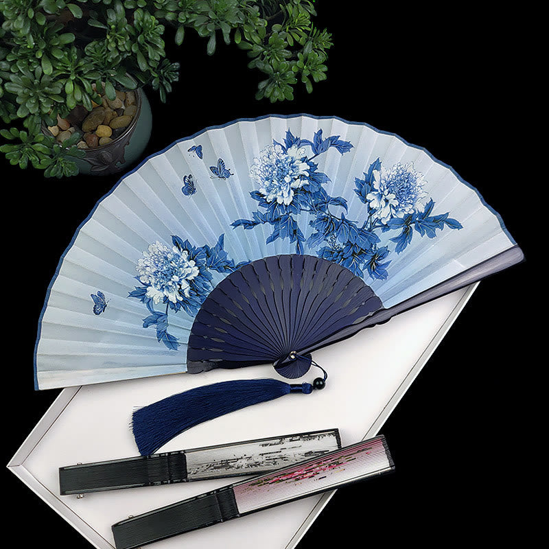 Éventail chinois pliant en soie, motif pivoine, papillon et lotus, en bambou et en soie