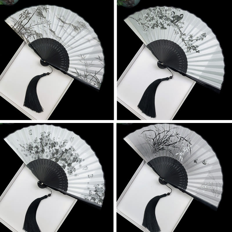 Éventail chinois pliant en soie, motif pivoine, papillon et lotus, en bambou et en soie