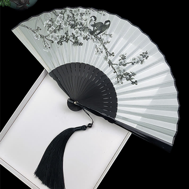 Éventail chinois pliant en soie, motif pivoine, papillon et lotus, en bambou et en soie