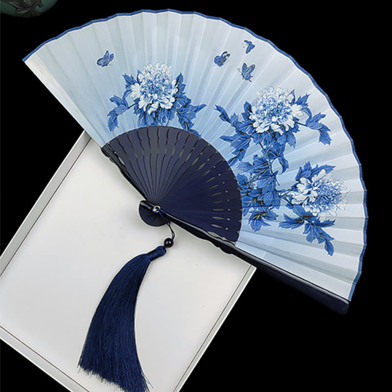Éventail chinois pliant en soie, motif pivoine, papillon et lotus, en bambou et en soie