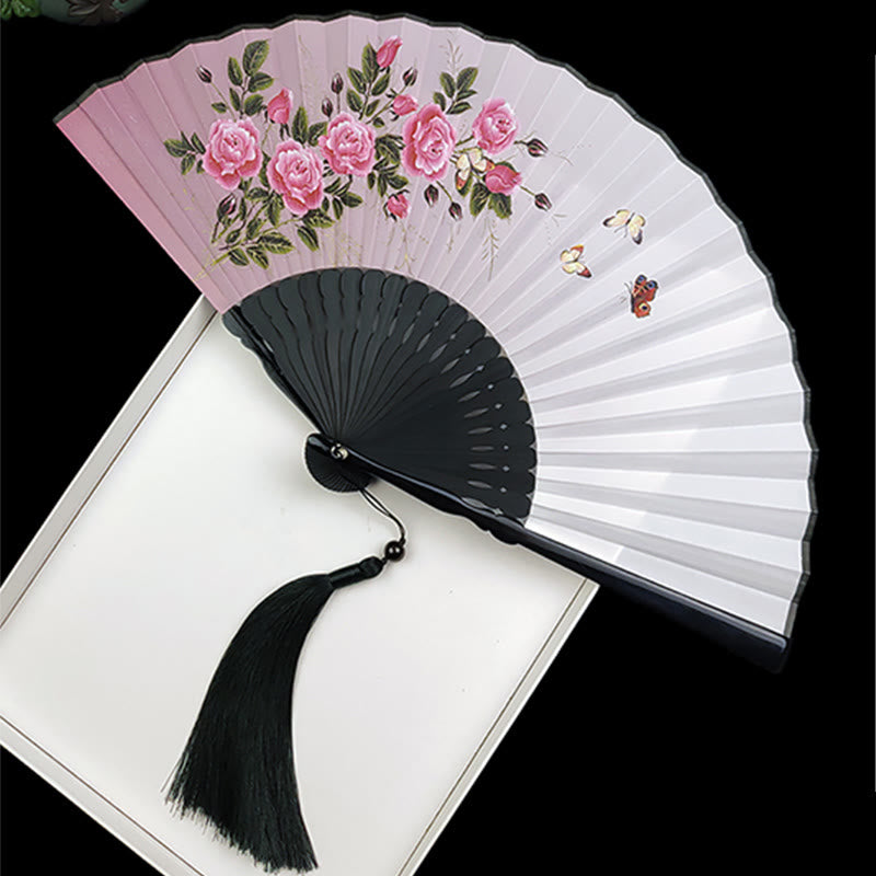 Éventail chinois pliant en soie, motif pivoine, papillon et lotus, en bambou et en soie