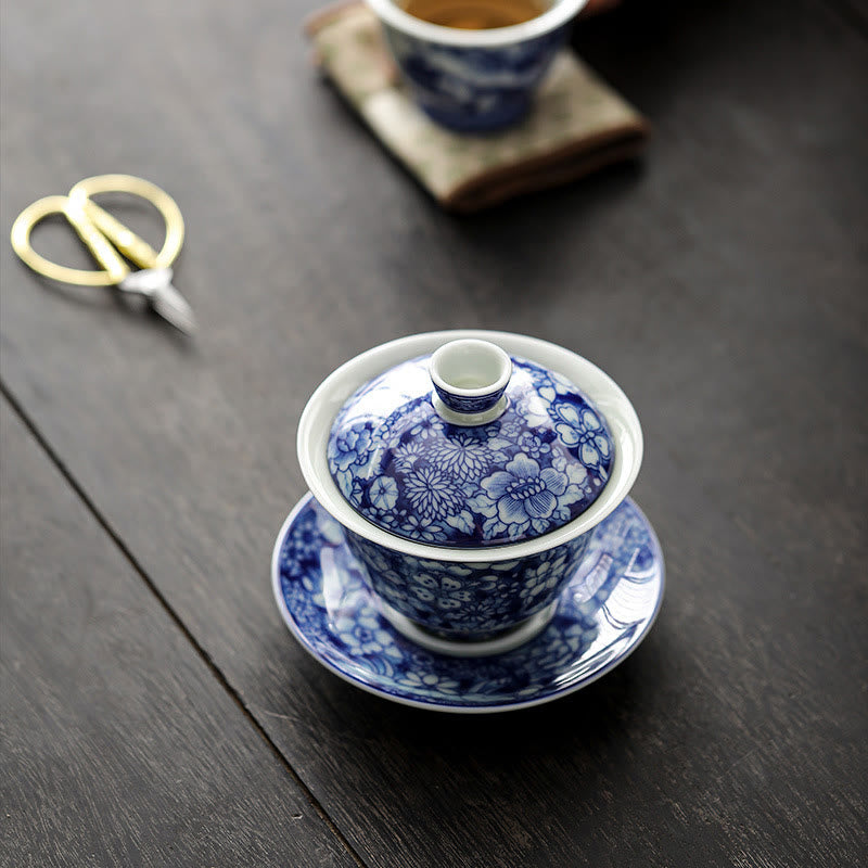 Service à thé Gaiwan vintage en porcelaine bleu blanc 150 ml Méditation