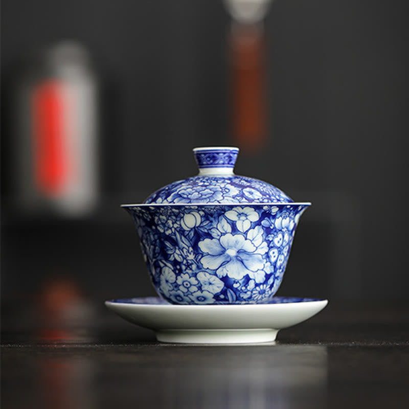 Service à thé Gaiwan vintage en porcelaine bleu blanc 150 ml Méditation