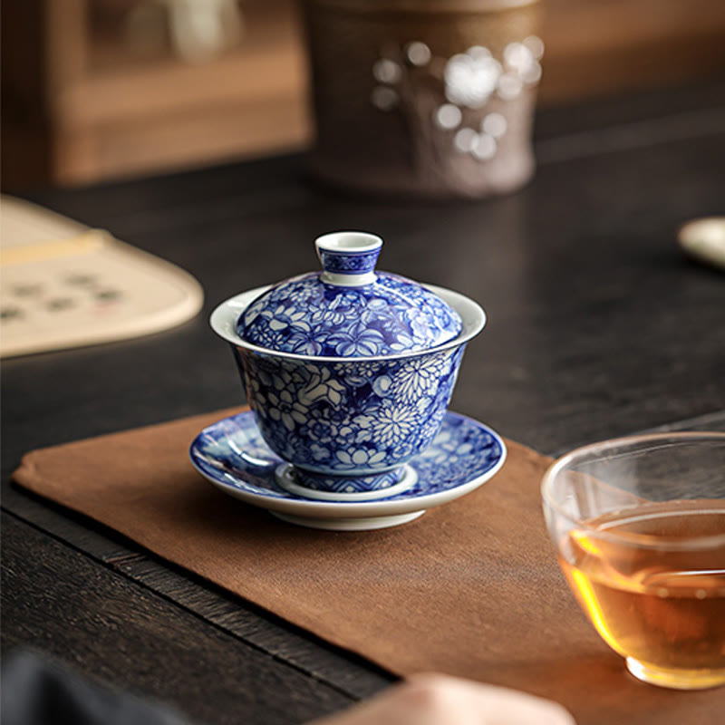 Service à thé Gaiwan vintage en porcelaine bleu blanc 150 ml Méditation