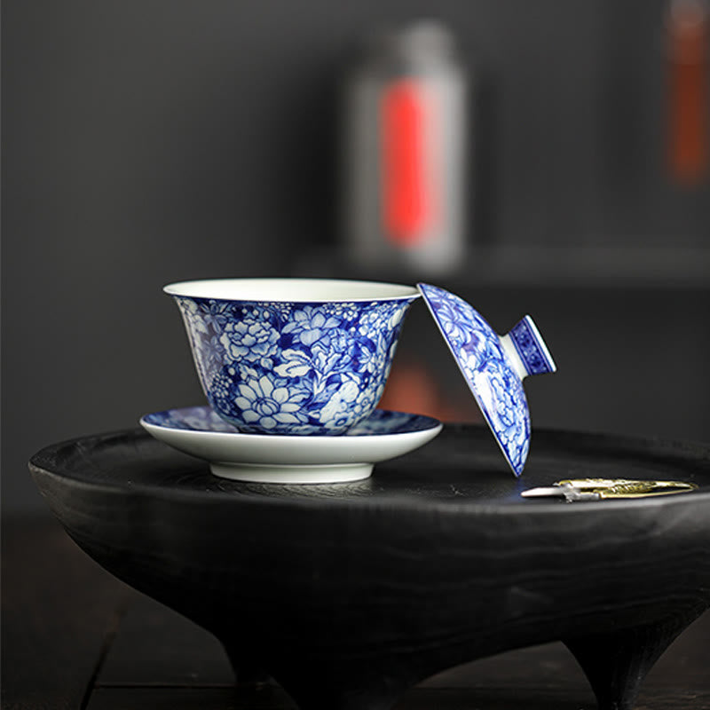 Service à thé Gaiwan vintage en porcelaine bleu blanc 150 ml Méditation