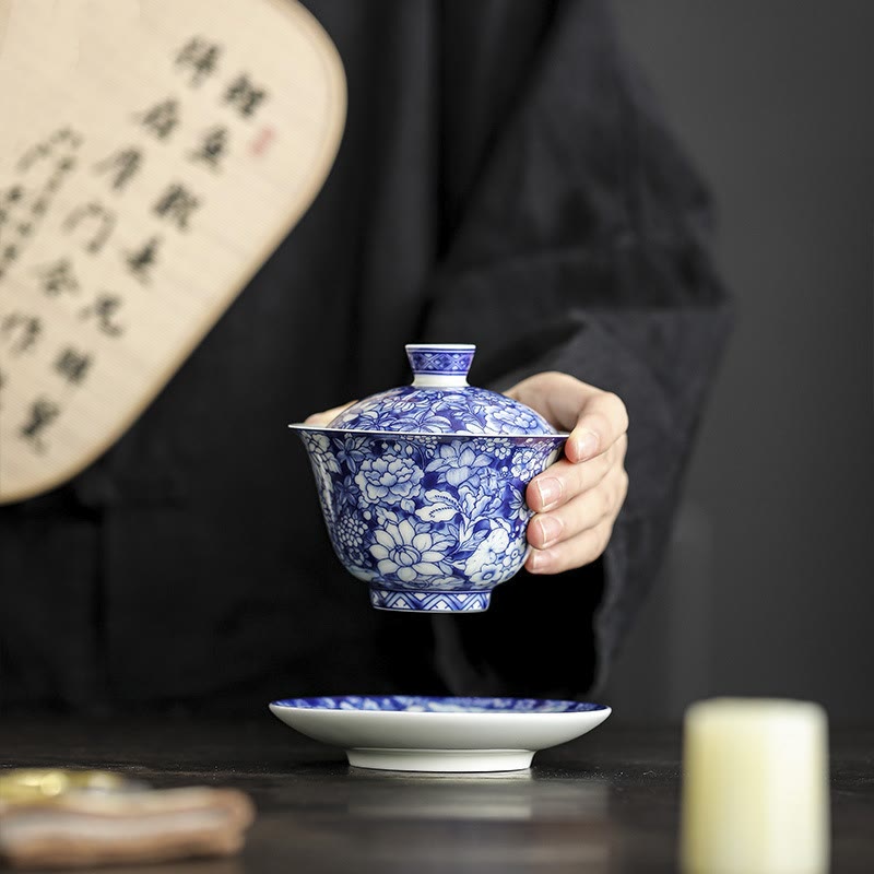 Service à thé Gaiwan vintage en porcelaine bleu blanc 150 ml Méditation