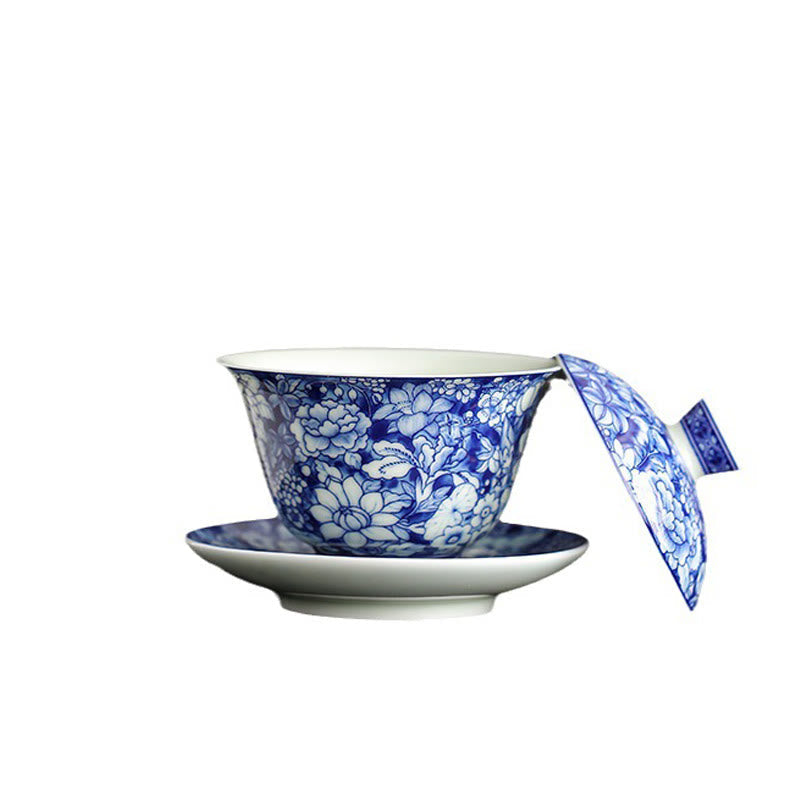 Service à thé Gaiwan vintage en porcelaine bleu blanc 150 ml Méditation