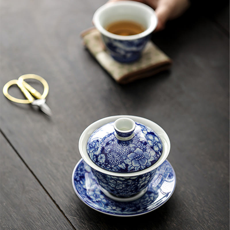 Service à thé Gaiwan vintage en porcelaine bleu blanc 150 ml Méditation