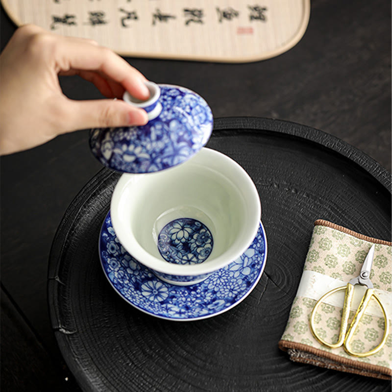 Service à thé Gaiwan vintage en porcelaine bleu blanc 150 ml Méditation