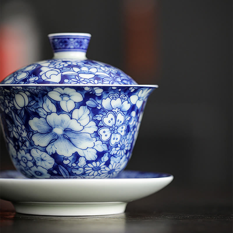 Service à thé Gaiwan vintage en porcelaine bleu blanc 150 ml Méditation