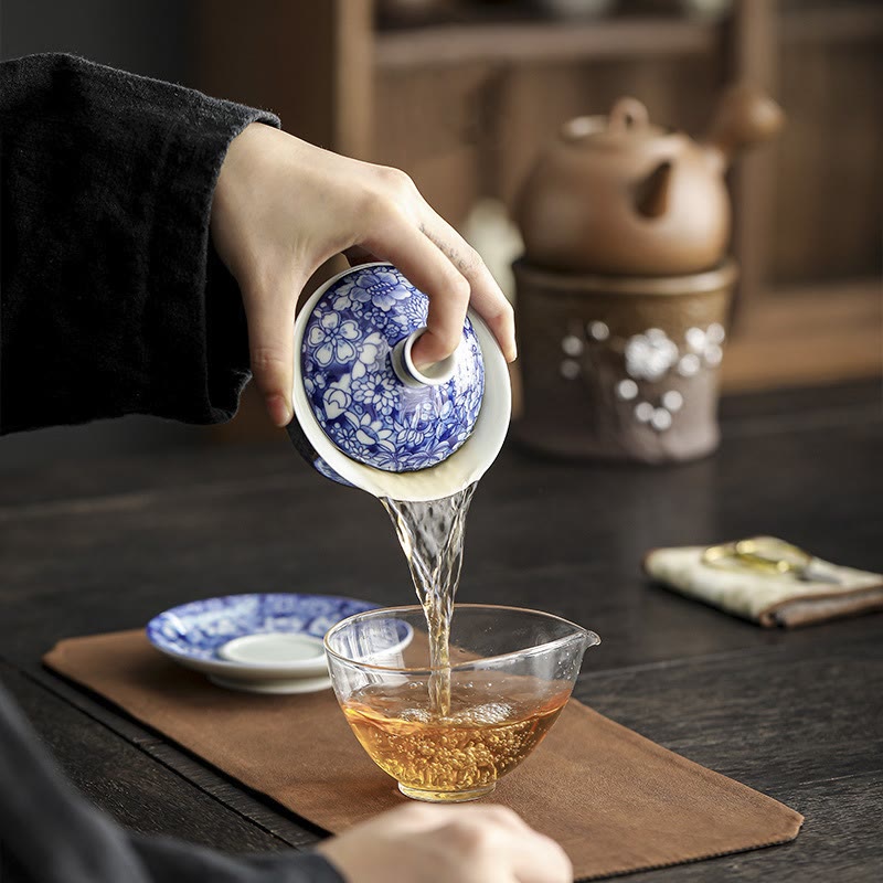 Service à thé Gaiwan vintage en porcelaine bleu blanc 150 ml Méditation