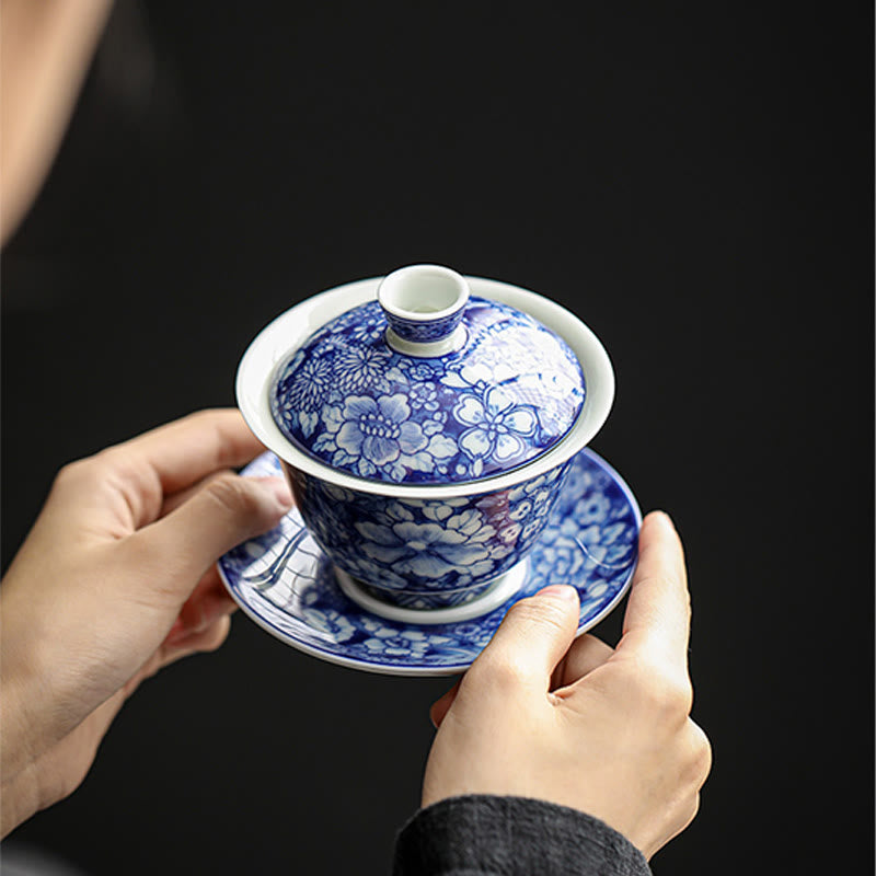 Service à thé Gaiwan vintage en porcelaine bleu blanc 150 ml Méditation