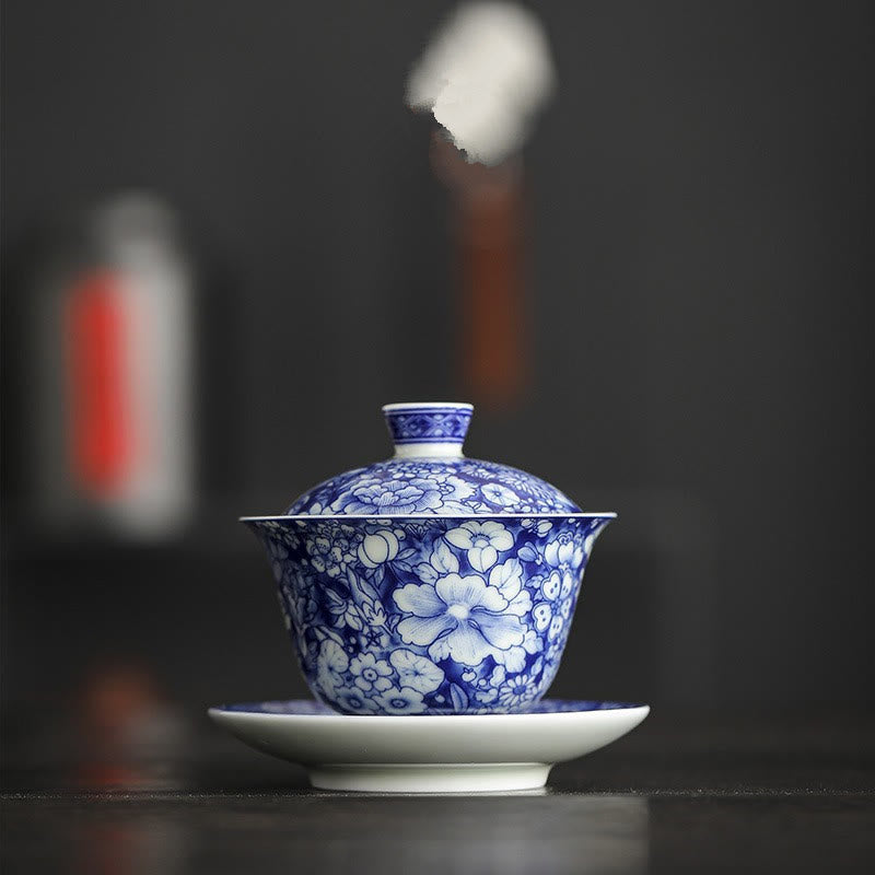 Service à thé Gaiwan vintage en porcelaine bleu blanc 150 ml Méditation
