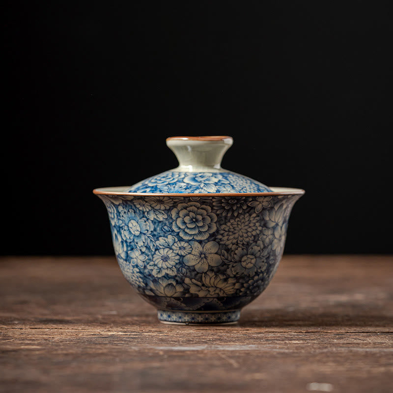 Tasse à thé Gaiwan vintage en porcelaine bleu blanc avec couvercle 150 ml