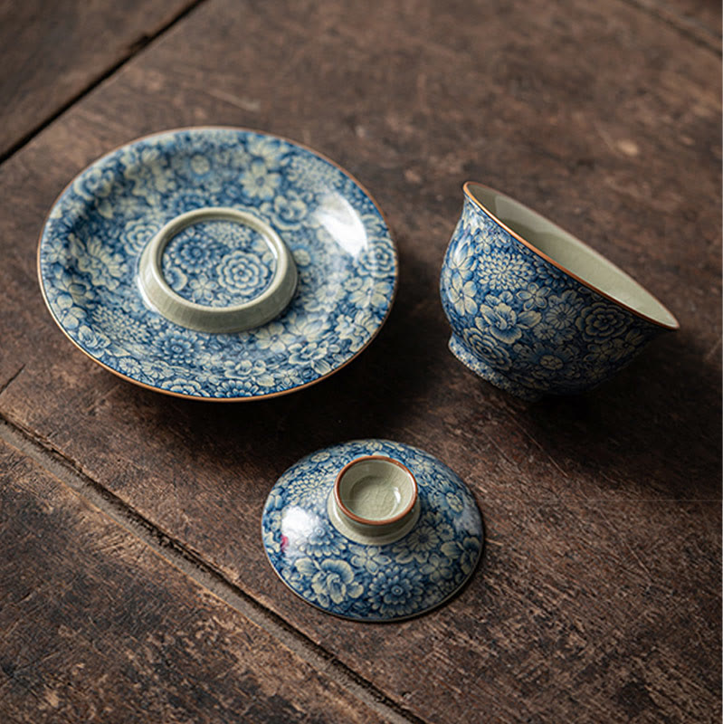 Tasse à thé Gaiwan vintage en porcelaine bleu blanc avec couvercle 150 ml