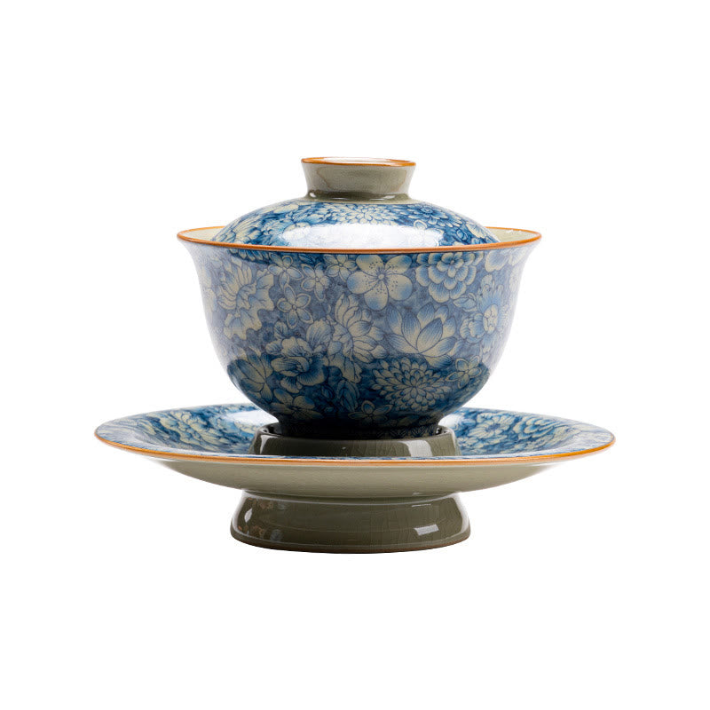 Tasse à thé Gaiwan vintage en porcelaine bleu blanc avec couvercle 150 ml