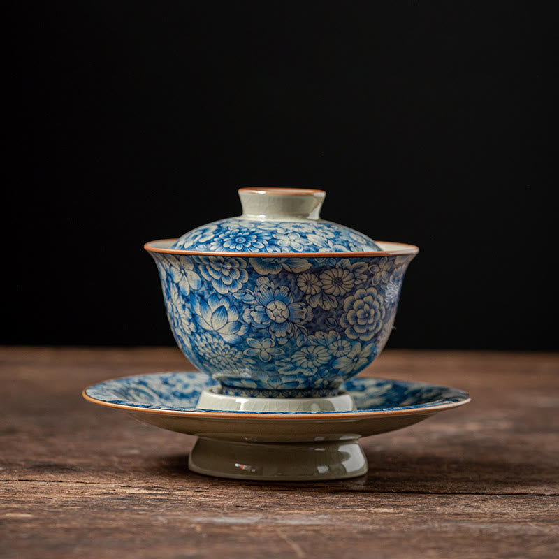 Tasse à thé Gaiwan vintage en porcelaine bleu blanc avec couvercle 150 ml