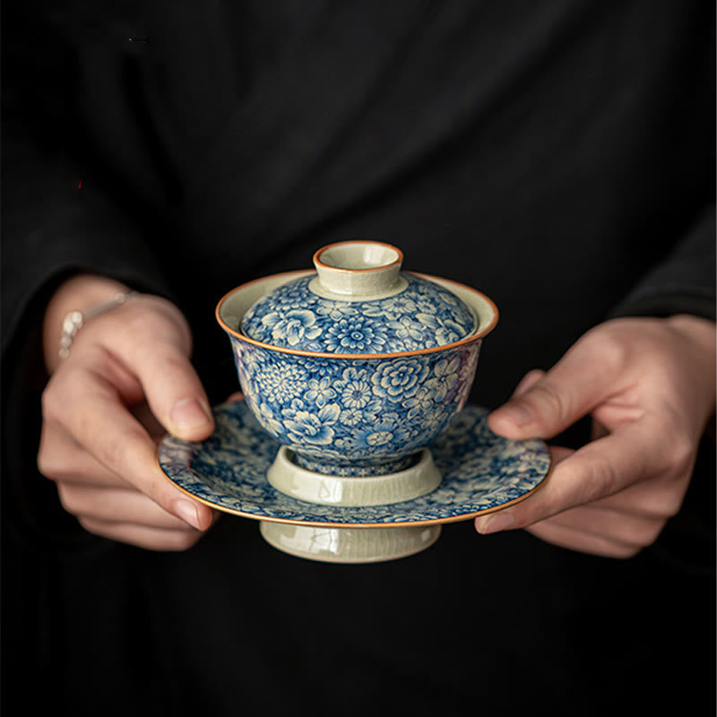 Tasse à thé Gaiwan vintage en porcelaine bleu blanc avec couvercle 150 ml