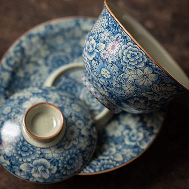 Tasse à thé Gaiwan vintage en porcelaine bleu blanc avec couvercle 150 ml